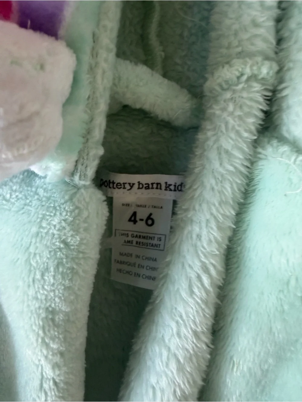 Pottery Barn Kids Mint Green Rainbow Hooded Fleece Bathrobe Size 4-6